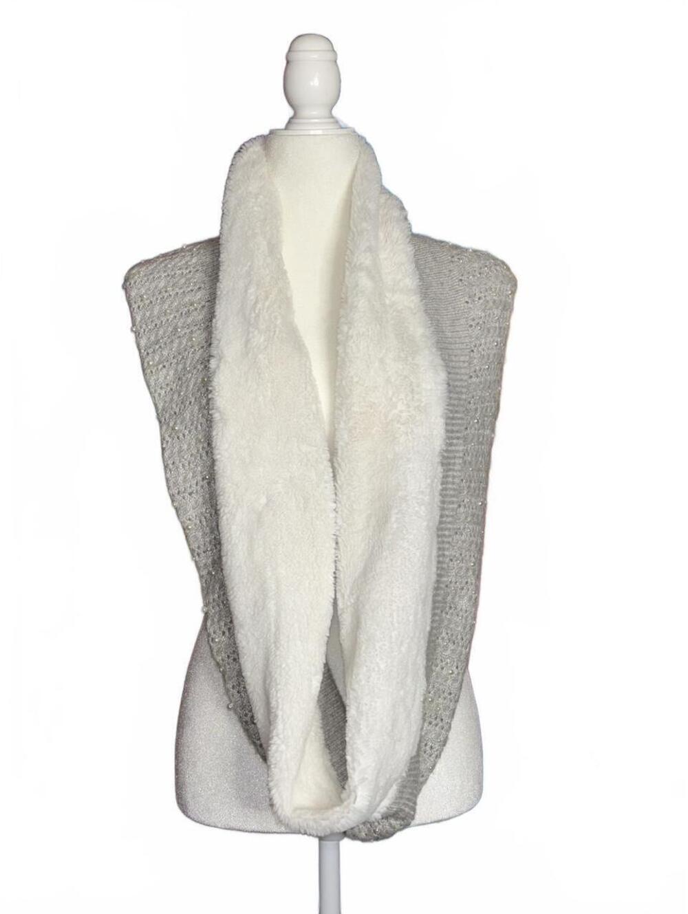 White House Black Market white faux fur scarf with grey crocheted beaded trim